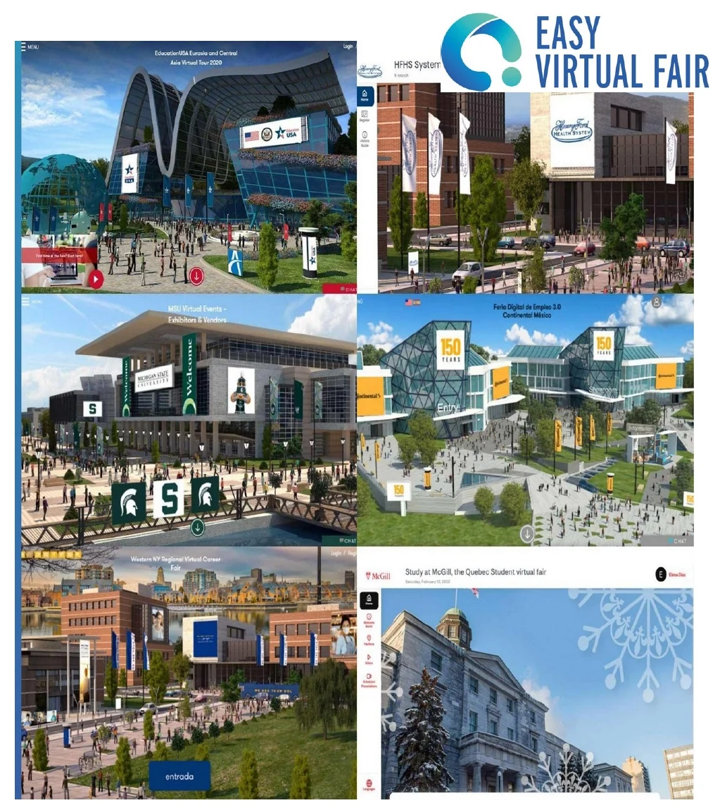Six examples of branded virtual event venues from the EasyVirtualFair presentation