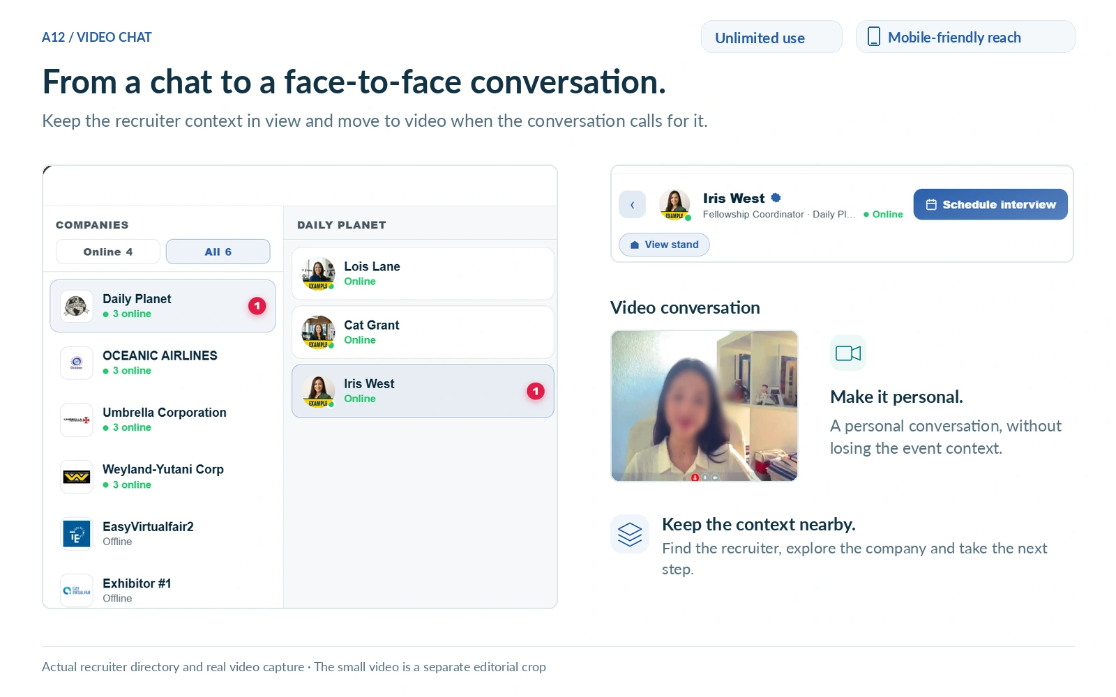 EasyVirtualFair browser-based video conversation and chat interface