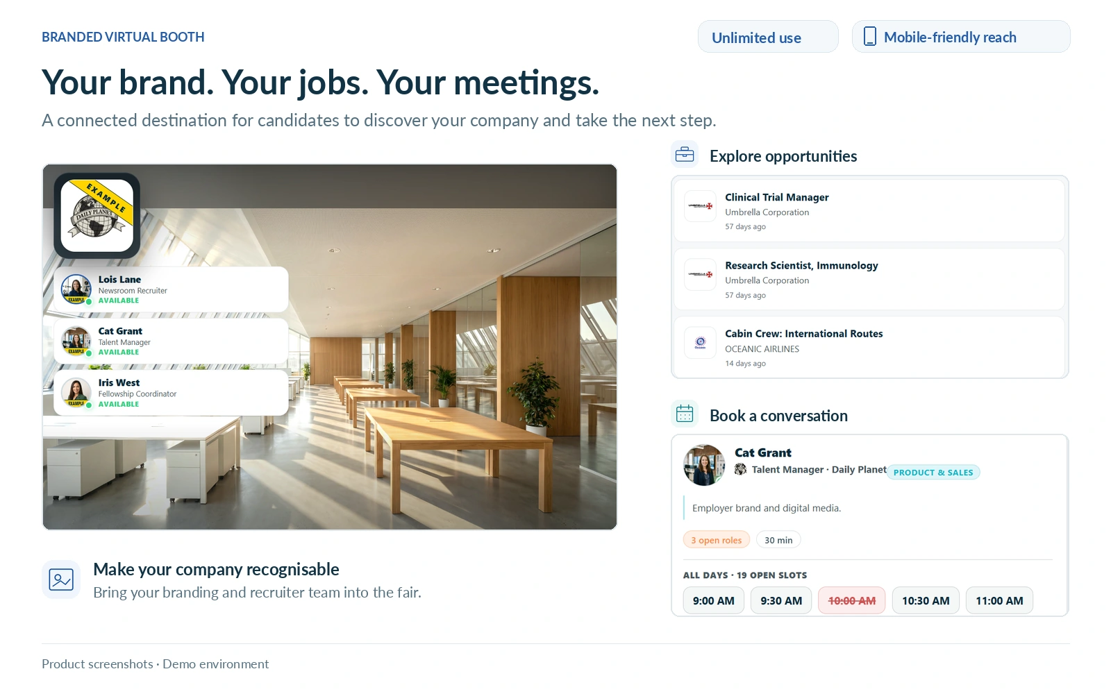 Employer booth showing company branding, job opportunities and meeting options
